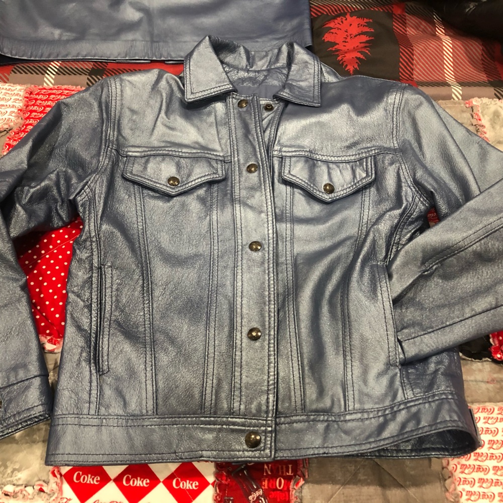 The Leather Ranch metallic blue leather skirt and jean style jacket